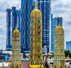 Golden Three Towers, Wat Khun Chan, Bangkok, Thailand. Temple established in early 1800s. Art Print